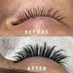 Promade wispy lash extensions before and after, showing a fuller, textured lash look