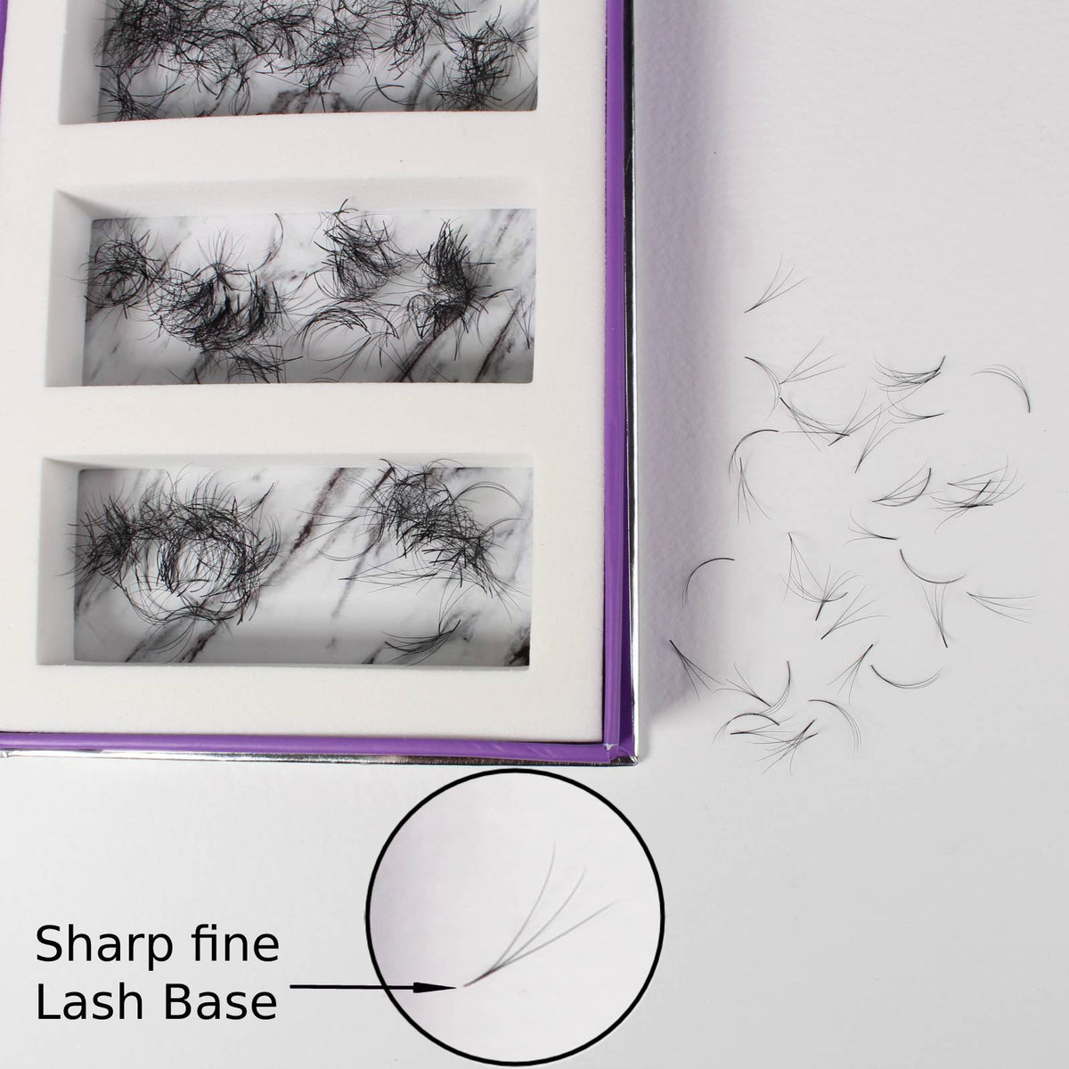 ThousandLashes Pro Made Volume Fans Mix Length tray showing loose pre-made volume fans and sharp fine lash bases for easy application